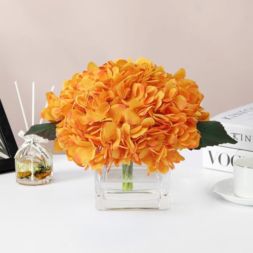 Silk Hydrangea Artificial Flowers in Vase with Faux Water, Silk Flower Arrangements in Vase for Wedding, Dining Table, Living Room (Orange) - color: Orange