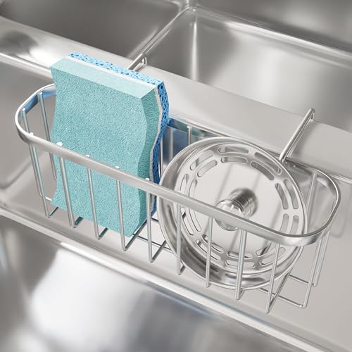 SWTYMIKI Sponge Holder for Kitchen Sink, Movable Kitchen Sink Caddy with Compact Size Rustproof and Waterproof Hanging Sponge Caddy for Double Bowl Sinks, Silver - color: Silver