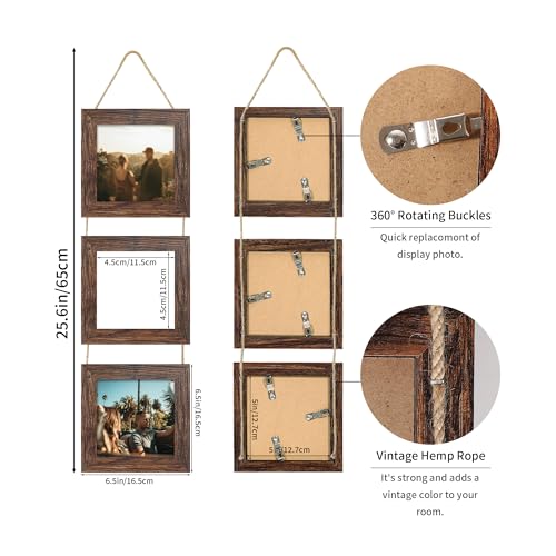 5x5 Collage Picture Frames Set of 2, Rustic Wooden Real Glass Vertical Hanging 3 Opening 5 by 5 Photo Frame, Distressed Brown - color: Distressed Brown, size: Vertical-5x5 in