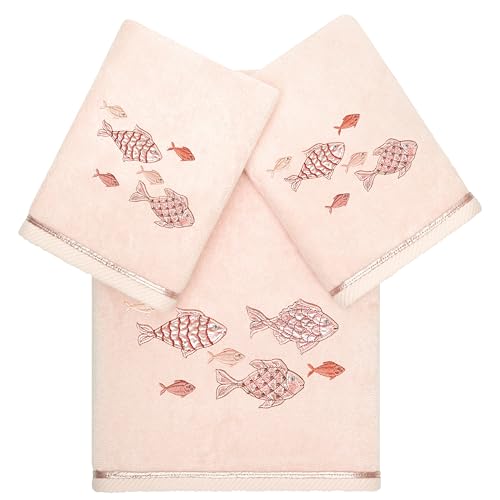 Treasure 3-Piece Towel Set, Embroidered Fish Design, 100% Turkish Cotton, Luxuriously Soft & Absorbent, Elegant Coastal Decor, 1 Bath 2 Hand Towels, Blush - color: Blush, size: 1 Pc Bath 2 Pcs Hand Towel
