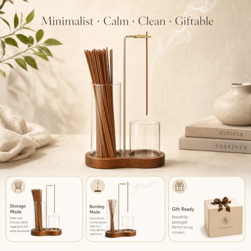 Incense Holder for Sticks with Glass Ash Catcher, 2 in 1 Upside Down Incense Burner with Wooden Base, Minimalist Zen Home Decor