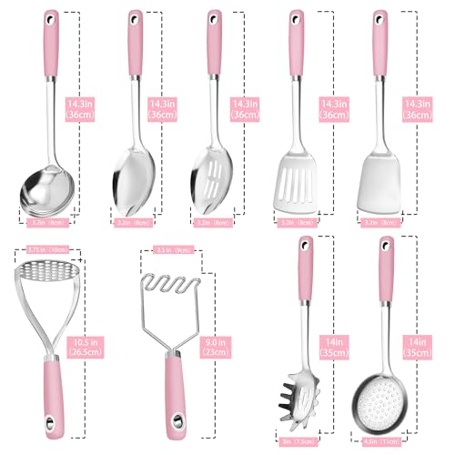 18/0 Stainless Steel Cooking Utensils Set, Heavy Duty Pink Handle for Kitchen Daily Use Party Wedding Housewarming, Dishwasher Safe, 9 Pieces - color: Pink, size: 9PCS-Cooking Utensils Set