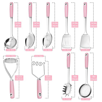 18/0 Stainless Steel Cooking Utensils Set, Heavy Duty Pink Handle for Kitchen Daily Use Party Wedding Housewarming, Dishwasher Safe, 9 Pieces - color: Pink, size: 9PCS-Cooking Utensils Set