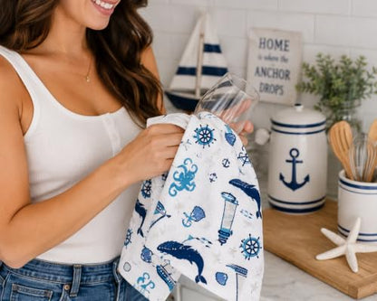 Coastal Kitchen Dish Hand Towel Set: Nautical Ocean Lighthouse Sea Life Design, Set of 3, 100% Cotton (Coastal) - color: Coastal