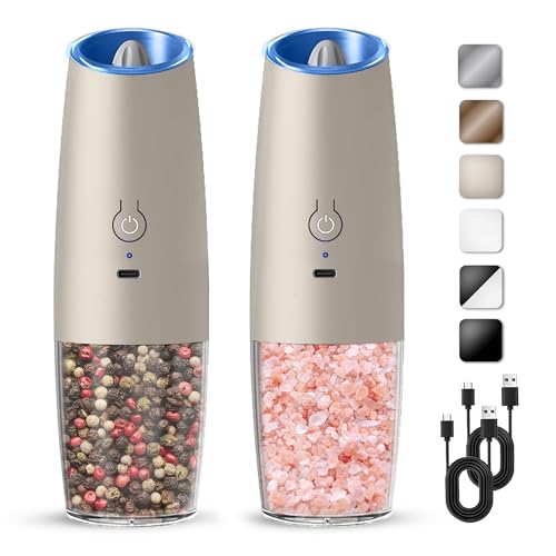 Rechargeable Gravity Salt Pepper Grinder Set, 2 Pack (Khaki) | Gravity Automatic Grinder With LED Light & Adjustable Roughness, Rechargeable Seasoning Tool For Kitchen Use - color: Rechargeable/Set/Khaki