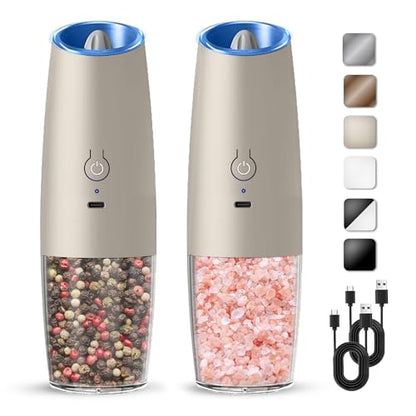 Rechargeable Gravity Salt Pepper Grinder Set, 2 Pack (Khaki) | Gravity Automatic Grinder With LED Light & Adjustable Roughness, Rechargeable Seasoning Tool For Kitchen Use - color: Rechargeable/Set/Khaki