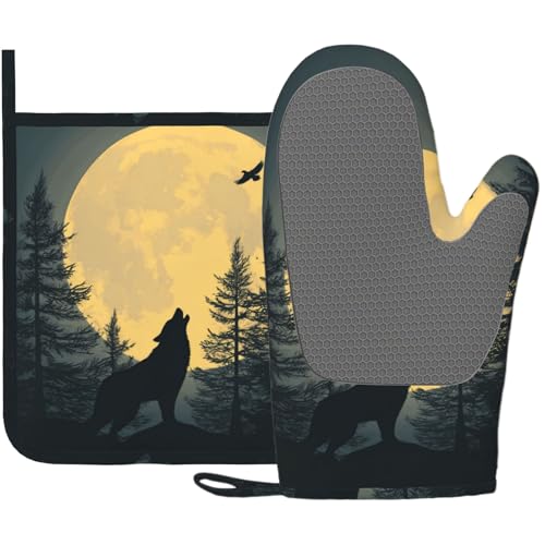 Black Wolf Howling at The Moon Oven Mitt and Pot Holder with Silicone Heat Resistant Kitchen for Cooking BBQ Baking Grilling Cooking Protection - color: Black Wolf Howling at the Moon