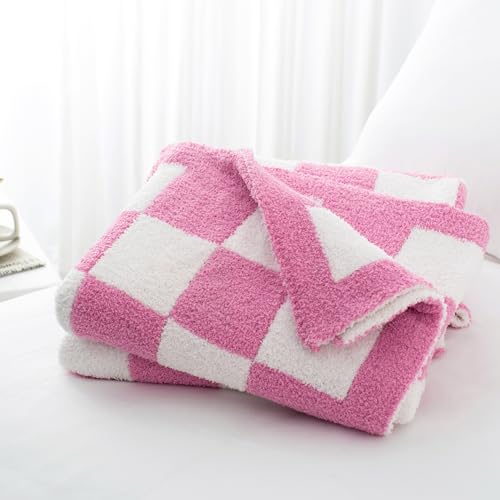Carriediosa Checkered Throw Blanket 50x60, 400GSM Ultra Soft Microfiber | Hot Pink, Fuzzy Fluffy Cozy Plush Knit Knitted Plaid Checker, Lightweight Cute Preppy Fall Blankets & Throws for Couch, Bed - color: Check - Hot Pink, size: 50" X 60"