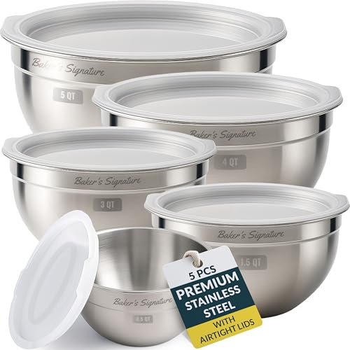 Stainless Steel Mixing Bowls with Lids Set of 5, Nesting Metal, 0.5-5 Qt | Mirror-finish interior, dishwasher safe & BPA-free; stack for food prep, cooking, storage & serving - size: Set of 5