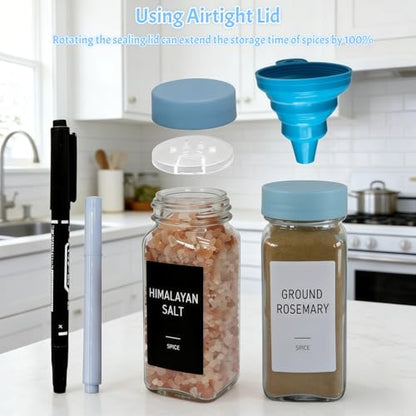 Spice Jars with Labels - 24 Glass Spice with Shaker Lids & Airtight Plastic Caps - 4oz Complete Seasoning Containers Organizer Set for Cabinet, Drawer & Rack (Skyblue) - color: Skyblue