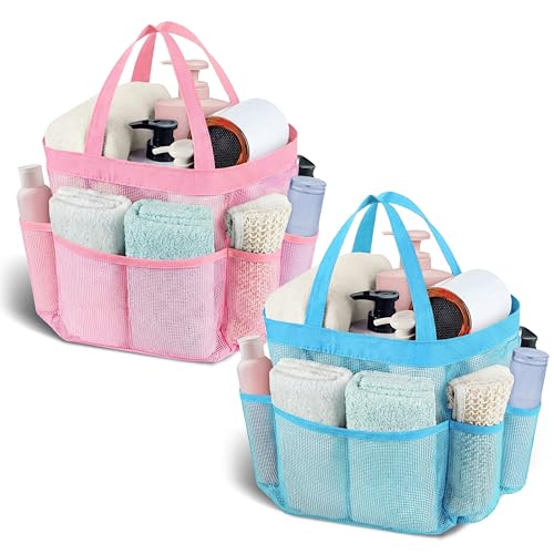 Mesh Shower Caddy Portable - 9 Pockets, Shower Bag for Dorm Room Camping | 2 Handle Quick Dry Shower Bag College Dorm Room Essentials Large Capacity Hanging Basket for Bathroom Travel Swimming Gym - color: pink blue