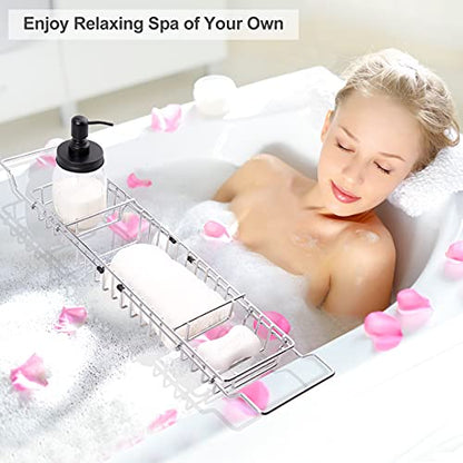 HOMEE Stainless Steel Shower Caddy Tray with Removable Book Holder Silver | European Style Extendable Rectangular Bathroom Tray for Shower Bath Phone IPad Book Holder Candleholder Table Shelf