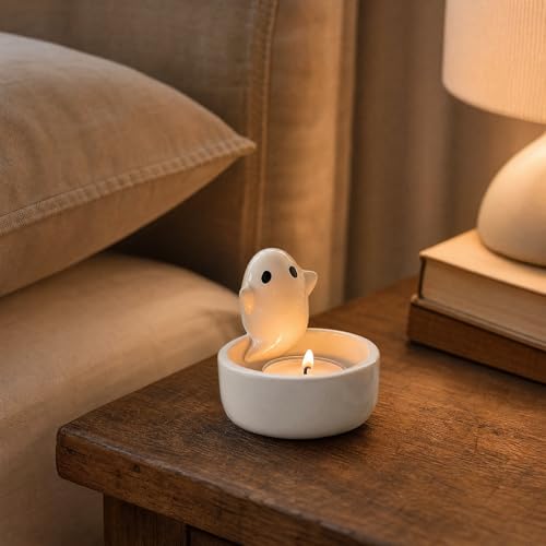 Ceramic Ghost Tealight Candle Holder, Cute Spooky Room Decor for Desk and Nightstand, Kawaii Witchy Aesthetic Small Votive Stand
