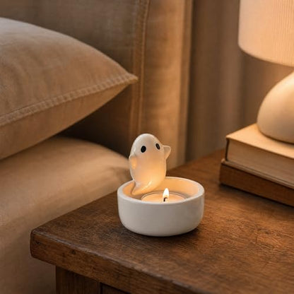Ceramic Ghost Tealight Candle Holder, Cute Spooky Room Decor for Desk and Nightstand, Kawaii Witchy Aesthetic Small Votive Stand
