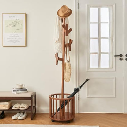 Uniclinens Solid Wood Coat Rack Freestanding with Umbrella Holder, Tree Coat Rack Stand with Lockable Universal Casters & 12 Hooks for Entryway Bedroom, Walnut - color: Walnut, size: Coat Tree