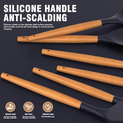 Silicone Cooking Utensils Set - AVGPD Silicone Kitchen Utensils for Cooking Wooden Handles, 446°F Heat Resistant Kitchen Utensil Spatula Sets, Gadgets for Non-Stick Cookware BPA FREE (Navy Blue) - color: Blue