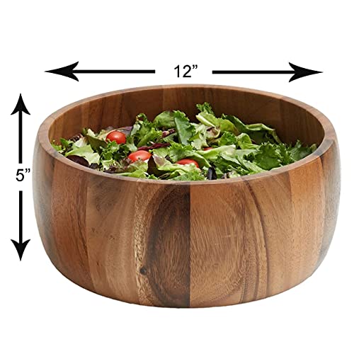 Woodard & Charles Acacia Wood 12" Salad Bowl with Salad Hands, 3 Piece Set | 12" x 5" Acacia Wood Salad Bowl With Salad Hands; Toss and Serve Salad, Fruit and More. Ideal for Parties and Everyday Use - size: 12" x 5" Acacia Wood Bowl with Salad Hands