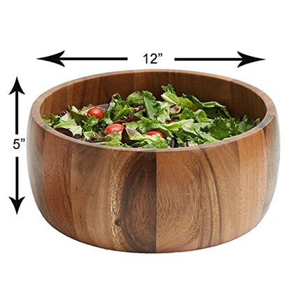 Woodard & Charles Acacia Wood 12" Salad Bowl with Salad Hands, 3 Piece Set | 12" x 5" Acacia Wood Salad Bowl With Salad Hands; Toss and Serve Salad, Fruit and More. Ideal for Parties and Everyday Use - size: 12" x 5" Acacia Wood Bowl with Salad Hands