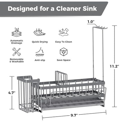 Kitchen Sink Organizer, Stainless Steel Sponge Holder, Silver | Rust-Resistant Steel, Detachable Draining Board, Compartment Divider, Brush Holder & Towel Bar, Ideal for Kitchen Storage - color: Silver