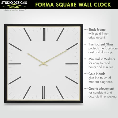 Forma Square Modern Wall Clock, 16" Minimalist Black Frame with Gold Trim, Quartz Movement, Glass Face, Contemporary Indoor Wall Décor