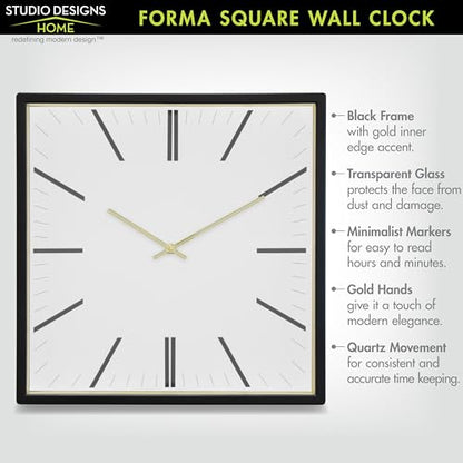 Forma Square Modern Wall Clock, 16" Minimalist Black Frame with Gold Trim, Quartz Movement, Glass Face, Contemporary Indoor Wall Décor