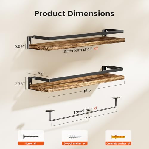Amada Bathroom Shelves with Towel Bar, Set of 2, Rustic Brown | Floating Shelves with Detachable Towel Bar, Protective Metal Guards, Paulownia Wood, Bathroom, Living Room & Kitchen Storage - color: Rustic Brown