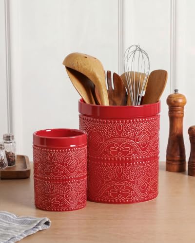 Kitchen Utensil Holder, 7.2+5.5" Super Large Utensil Crock Heavy and Stable Lace Emboss Ceramic Utensil Holder for Kitchen Counter (2Pcs Christmas Red) - color: 2Pcs Christmas Red