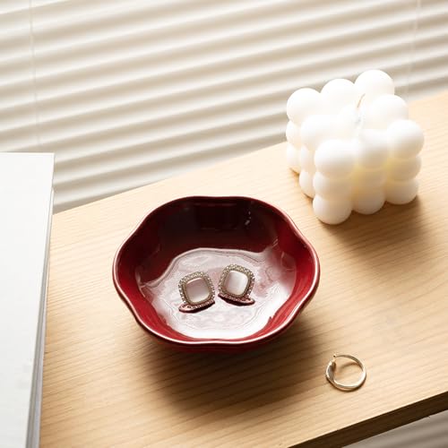 BEUNAIZER Ceramic Ring Dish, 4.3 in Flower Jewelry Tray with Raised Sides | Keeps rings, earrings, keys and hair accessories visible on a vanity, nightstand or bathroom counter. - color: red