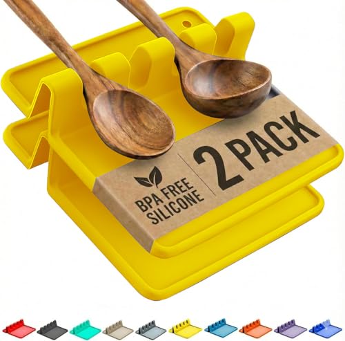 Cooler Kitchen Yellow Silicone Spoon Rest for Stove Top with Drip Pad (Two Pack) - Heat Resistant BPA Free Utensil Rest & Spoon Holder for Kitchen Counter - Grill Utensil Holder - Spatula Holder - color: Buttercup, size: Medium - 2 Packs