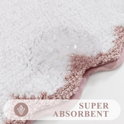 Pauwer Bathroom Rug Sets 3 Piece, Scalloped Bath Rugs, White and Dusty Pink | Non Slip Washable Bath Mat With U-Shaped Toilet Rug, Extra Absorbent Quick Dry, For Floor Sink - color: White and Dusty Pink