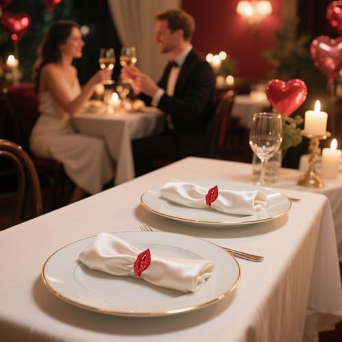 Valentines Day Napkin Rings Set of 6 Red Rhinestone Lip Napkin Ring Holders for Western Wedding Party Bridal Shower Anniversary Dinner Girl Birthday Family Gatherings Dining Table Decor - style: ERW69