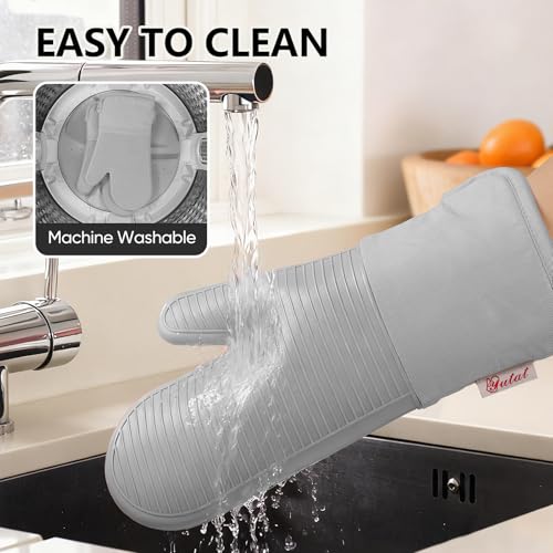 YUTAT Silicone Oven Mitts,High Heat Resistant Up to 500 Degrees,Waterproof Cooking Gloves with Soft Polyester Filling,Kitchen Potholder Set - Perfect for BBQ,Baking and Cooking,Grey,2 Pcs Set - color: Gray-striped Surface, size: 13“L x 7"W-2 Piece
