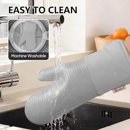 YUTAT Silicone Oven Mitts,High Heat Resistant Up to 500 Degrees,Waterproof Cooking Gloves with Soft Polyester Filling,Kitchen Potholder Set - Perfect for BBQ,Baking and Cooking,Grey,2 Pcs Set - color: Gray-striped Surface, size: 13“L x 7"W-2 Piece