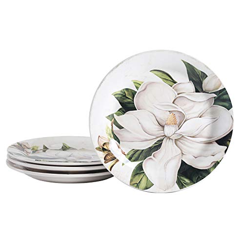 Bico Magnolia Floral Salad Plates Set of 4, 8.75 Inch Ceramic Dessert Plates for Salad, Appetizer, Side Dishes, Microwave and Dishwasher Safe, Gift for Housewarming and Thanksgiving - color: Magnolia Floral