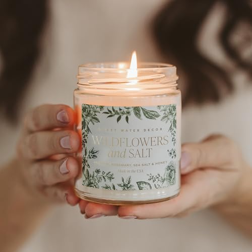 Sweet Water Decor Wildflowers and Salt Patterned Candle – Soy Candles with Rosemary, Lily, Honey, Violet, Amber, Musk Aroma– 40 Hour Burn – 9oz Clear Glass Jar – Ideal for Valentines Presents - style: Wildflowers and Salt