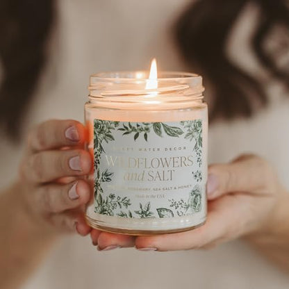 Sweet Water Decor Wildflowers and Salt Patterned Candle – Soy Candles with Rosemary, Lily, Honey, Violet, Amber, Musk Aroma– 40 Hour Burn – 9oz Clear Glass Jar – Ideal for Valentines Presents - style: Wildflowers and Salt