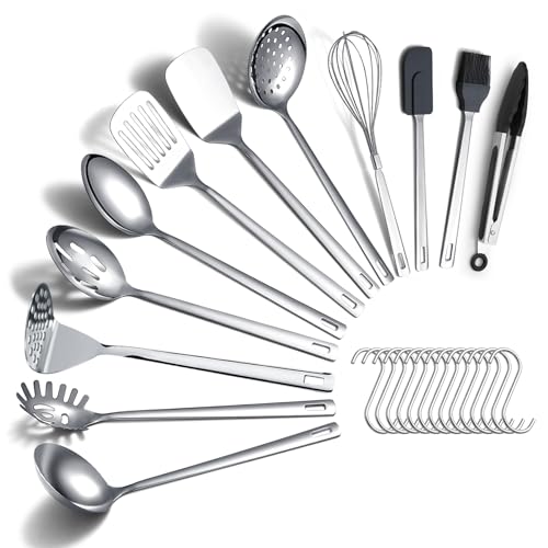 Kitchen Cooking Utensils Set 26 Pieces, Stainless Steel Heavy Duty Sturdy Kitchen Tool Set with Hooks, Metal Spatula & Spoon Set Ergonomic Hanging Handles for All Cooking Tasks