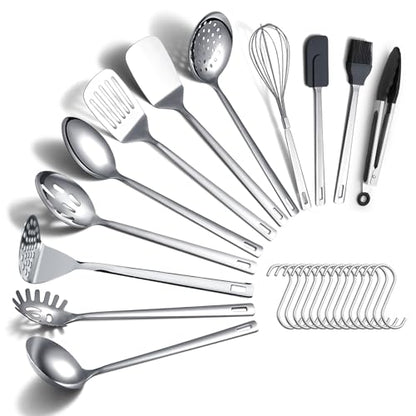 Kitchen Cooking Utensils Set 26 Pieces, Stainless Steel Heavy Duty Sturdy Kitchen Tool Set with Hooks, Metal Spatula & Spoon Set Ergonomic Hanging Handles for All Cooking Tasks