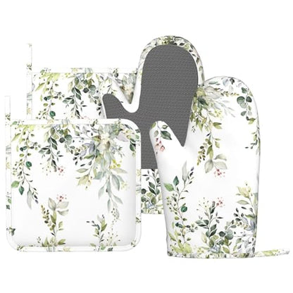 Sage Green Eucalyptus Oven Mitts and Pot Holders Sets Silicone Watercolor Butterfly Leaves Kitchen Mitts Potholders Heat Resistant 4Pcs Oven Gloves Hot Pads for Kitchen Baking Cooking - color: Green Eucalyptus