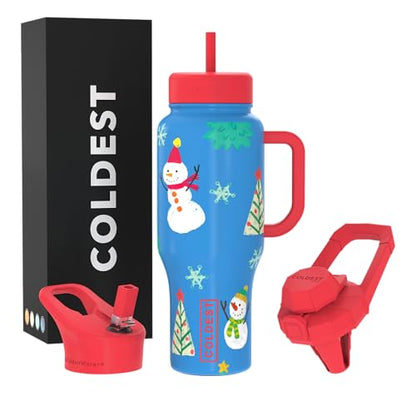 Coldest Tumbler with Handle and Straw, 100% Leak Proof Insulated Tumbler with Lid and Straw (3 Lids), Stainless Steel Tumblers for Women & Men, Cup Holder Friendly Base, 36 oz (Mr. Snowie) - color: Mr. Snowie, size: 36 oz