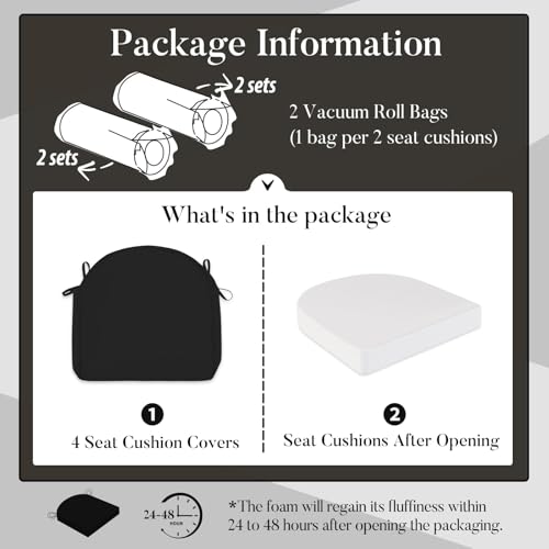 Basic Beyond Outdoor Cushions for Patio Furniture: Waterproof & UV Resistant Outdoor Chair Cushions Set of 4-19 x 19 x 3 Inch Thick Patio Chair Cushions with Adjustable Ties & Handle, Black - color: Black