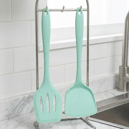 2-Pack Silicone Spatula Set, Heat Resistant Spatulas for Baking & Mixing, BPA-Free Solid & Slotted Turner for Non-Stick Pans, Kitchen Utensils for Scraping, Sauteing and Flipping (Mint Green) - color: Mint Green