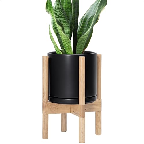 D'vine Dev Ceramic Pot with Natural Wood Stand, Black, 8 in, 55-B-N-2 | Mid-Century Modern Design, Raised Plant Display, Solid Beech Wood Stand, Premium Craftsmanship, Sophisticated Home Decor - color: Black Pot + Natural Stand, size: 8 Inch