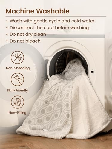 Bearhug Electric Blanket Throw Size, 50" x 60" Heated Blanket with 6 Heating Levels & 4H Auto Shut-Off, Machine Washable Soft Velvet to Sherpa Reversible Heated Throw for Office, Couch and Sofa - color: Snow Gray Honeycomb, size: Throw 50" × 60"