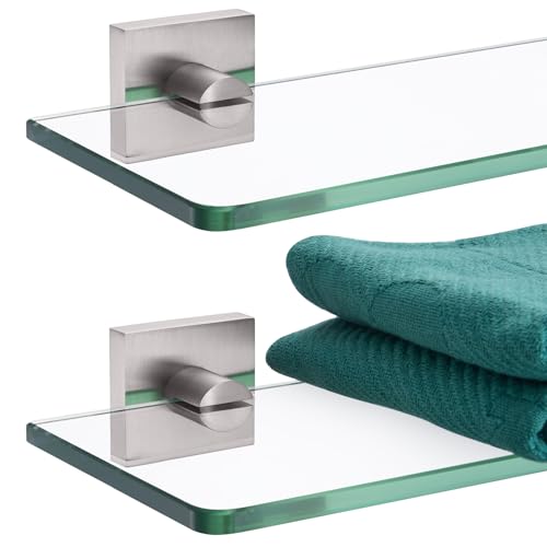 KOKOSIRI Floating Shelves Wall Mount 20-Inch Bathroom Tempered Glass Shelf Shower Storage Kitchen Rack, 2 Pack Brushed Stainless Steel B1107BR-L20-P2 - color: Brushed Nickel, size: 20-Inch(2 Pack)