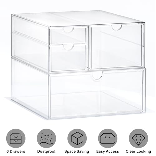 Prsildan Acrylic Drawer Makeup Organizer with 4 Drawers, Set of 2 | Clear, Baby Bottle Storage, For Vanity Countertop Bathroom Cosmetic Office Desk, Craft Jewelry Art Supply Organization - size: 4 Drawers