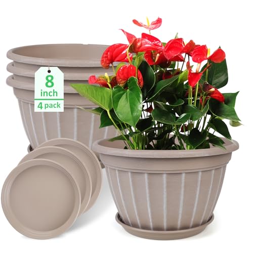 4 Pack Flower Pots,8 Inch Plants Pot,Planters Pot with Drainage Hole | Modern Planters for Outdoor Plants with Saucer,Decorative Resin Garden Pots for Outdoor Indoor Home Plants (Beige) - color: Beige, size: 8 inch-4 pack