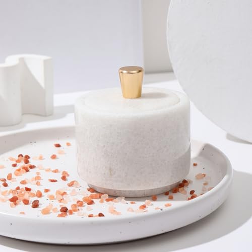 Marble Salt Cellar with Lid and Brass Knob 3.15" Spice box Salt Container Seasoning Jar for Kitchen tone Salt Holder for Counte-Ideal for Sea Salt, Spices and Herbs (White) - color: White