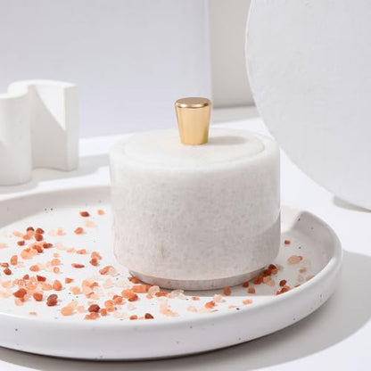 Marble Salt Cellar with Lid and Brass Knob 3.15" Spice box Salt Container Seasoning Jar for Kitchen tone Salt Holder for Counte-Ideal for Sea Salt, Spices and Herbs (White) - color: White