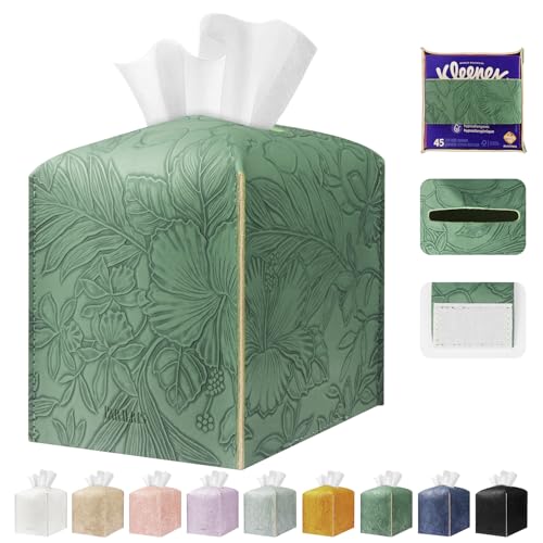 Tissue Box Holder Cover Square Tissue Cube Cover PU Leather Tissue Organizer with Bottom Belt for Bathroom, Tabletop, Kitchen, Night Stands, Office, Home, Car (1, VibrantGreen) - color: Vibrant Green